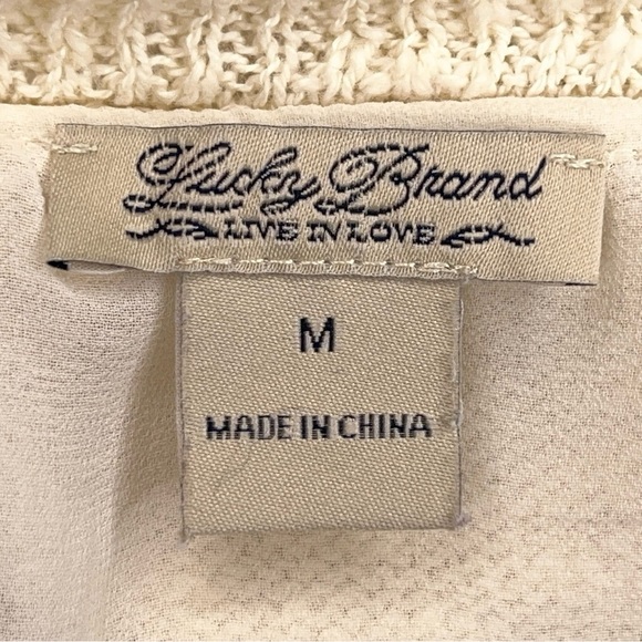 Medium Lucky Brand Ivory Cream Knit Chiffon Top Embroidered Lace  Pullover - Picture 10 of 13